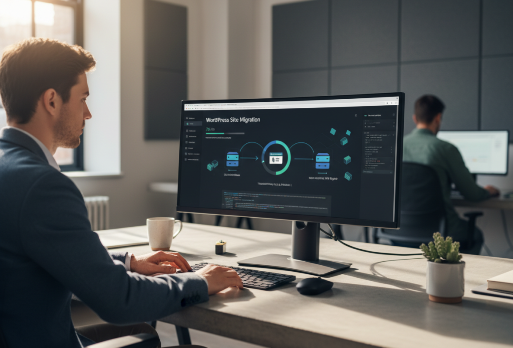 Man sitting art desk using a WordPress Migration plugin