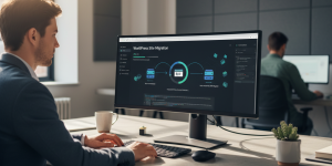 Man sitting art desk using a WordPress Migration plugin