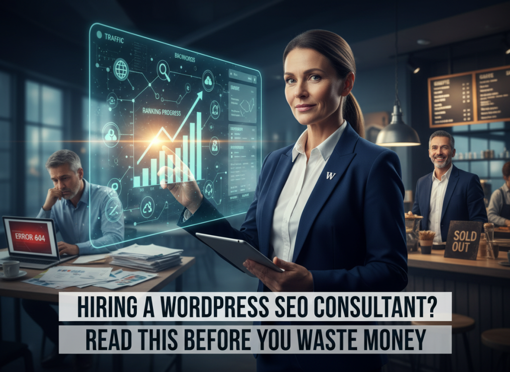 Woman checking rankings for WordPress SEO